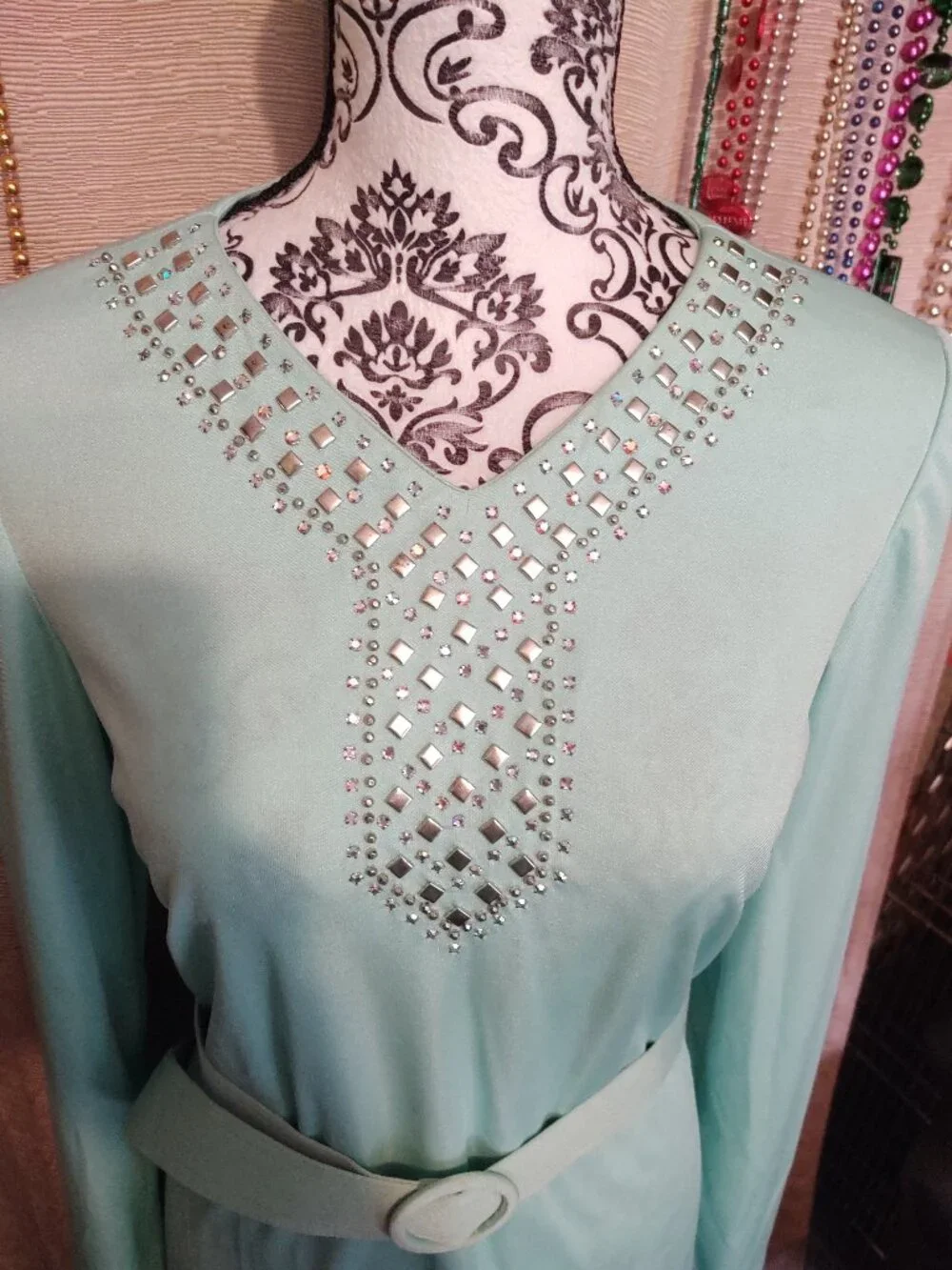 Vintage Mint Green Long Sleeve Midi Dress